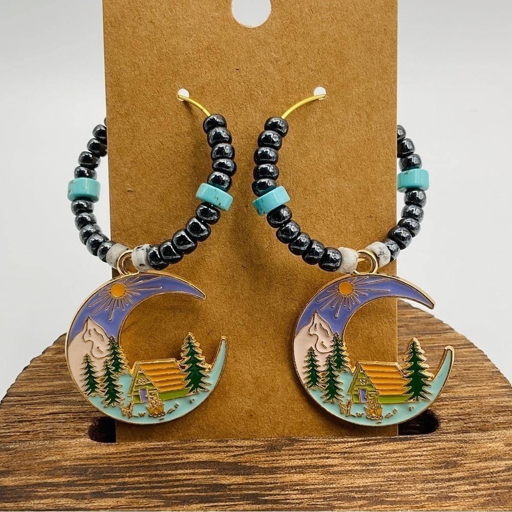 Moon Mountain Camp Earrings Hoops Quartz Turquoise Hematite Beads Jewelry Gift